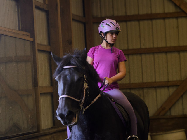 Girl in pink outfit riding a horse